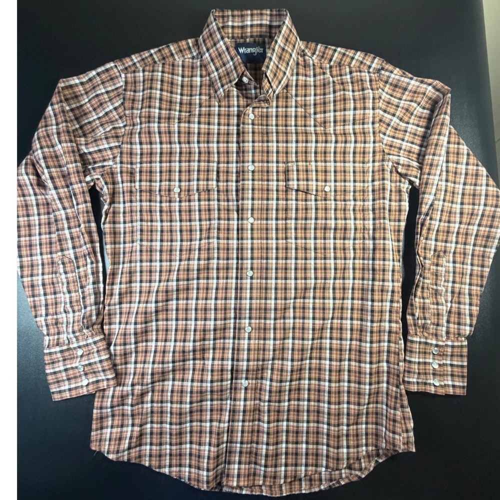 Wrangler Mens Western Snap Shirt Brown Plaid Long Sleeve Pearl Snap Size M K15